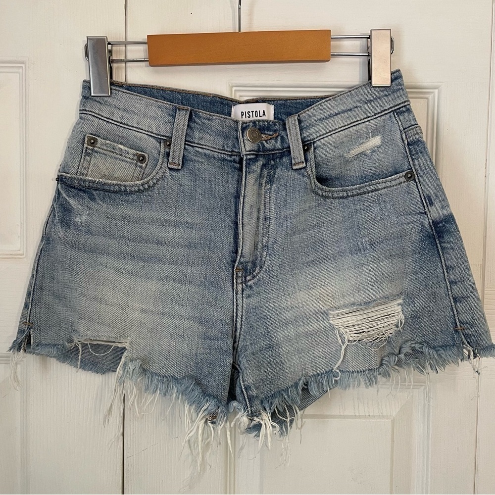 Pistola Distressed Light Wash Blue Denim Jean Shorts 24